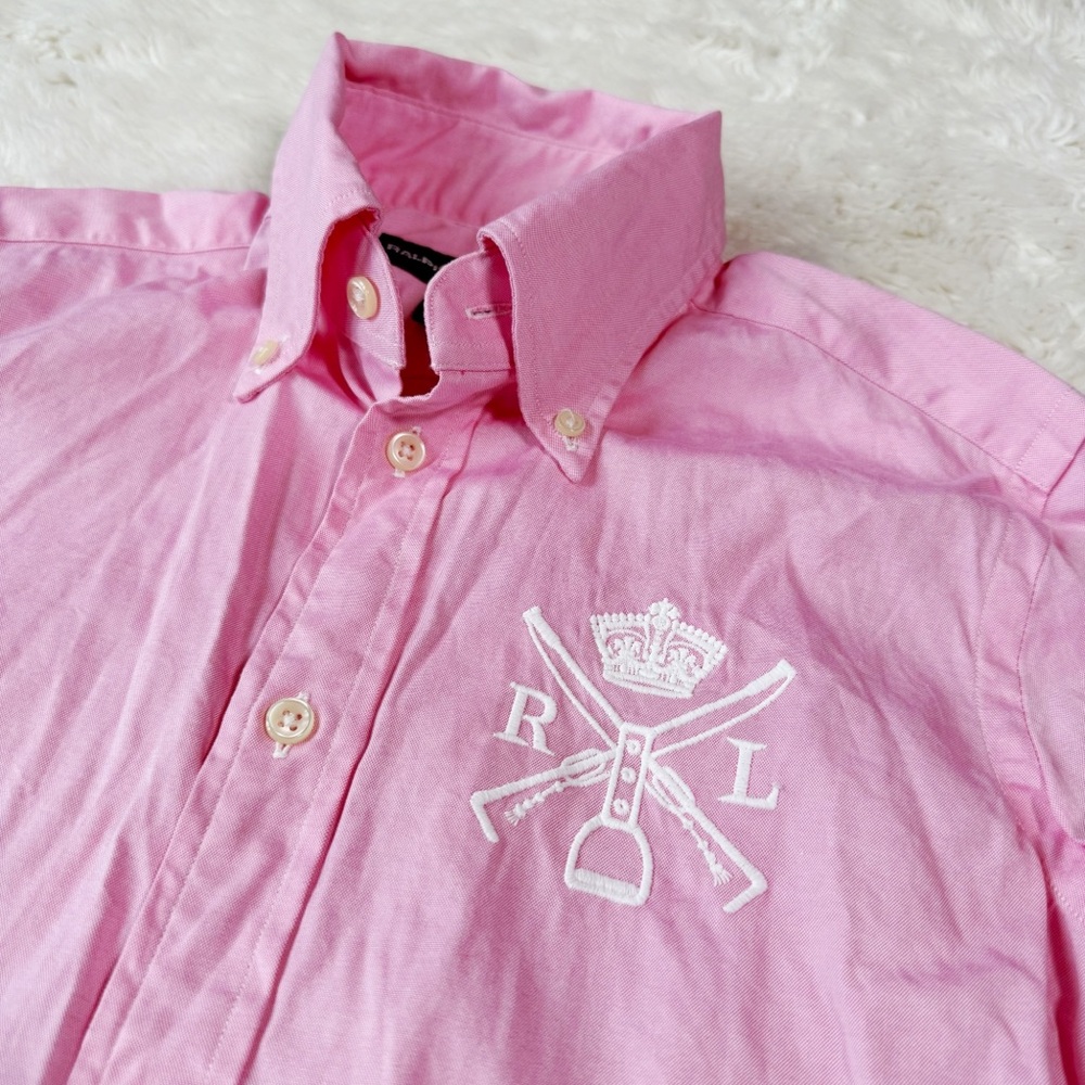 Ralph Lauren Woman Pink Embroidered Crest Button Down Shirt US2 Preppy Luxury